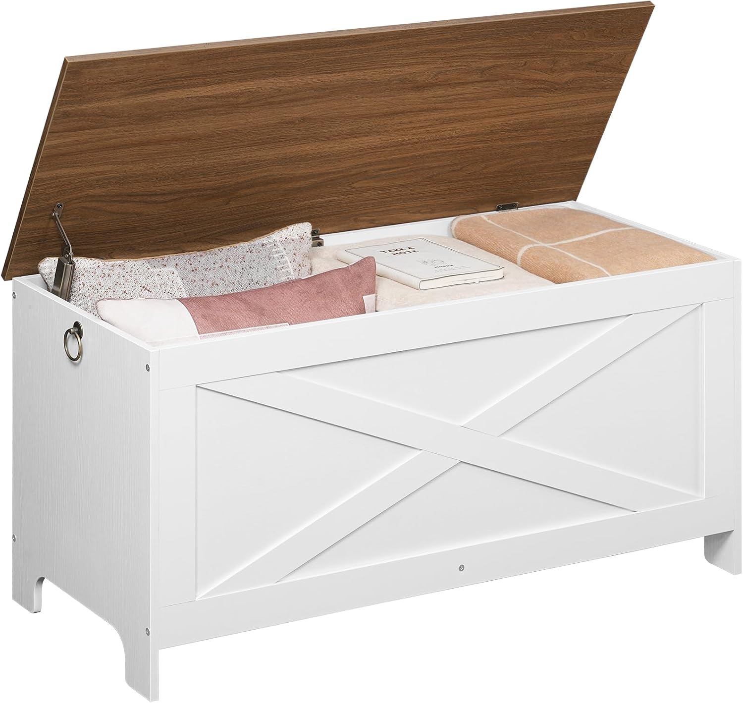 MAHANCRIS 39.4" Toy Chest, Sturdy Entryway Storage Chest with Safety Hinges, Retro Toy Box, Wooden Look Accent Furniture for Living Room, Bedroom, White+Walnut SCBZ48101