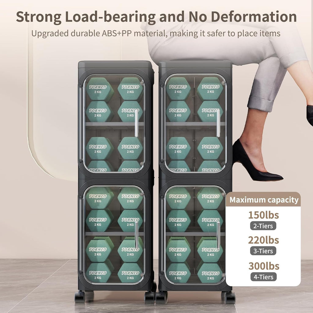 5 Tier Slim Bathroom Storage Cabinet, Foldable and Movable, Black | Tools Free, ABS and PET, Magnetic Clear Door, Adjustable Shelves, Lockable Wheels, Water Resistant, For Narrow Space
