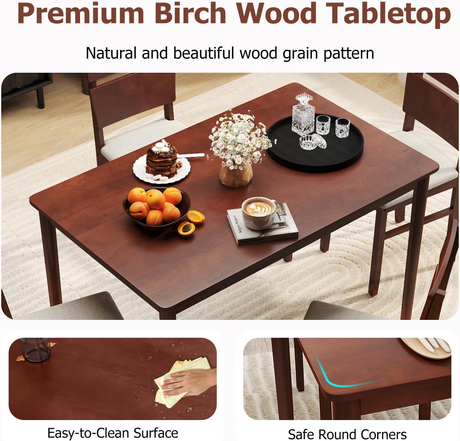 Tangkula Dining Table Set for 4, Dinette Set with Table and 4 Padded Seat, Rubber Wood Legs, Curved Backrest, Mid-Century Modern Kitchen Table and Chairs Set of 4 for Living Room, Dining Room