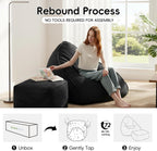 Bean Bag Chair with Ottoman for Adults, Large Corduroy Bean Bag Couch, Boneless Chaise Lounge Reading Chair with High-Resilience Foam, Floor Lounger for Bedroom Living Room (Black)