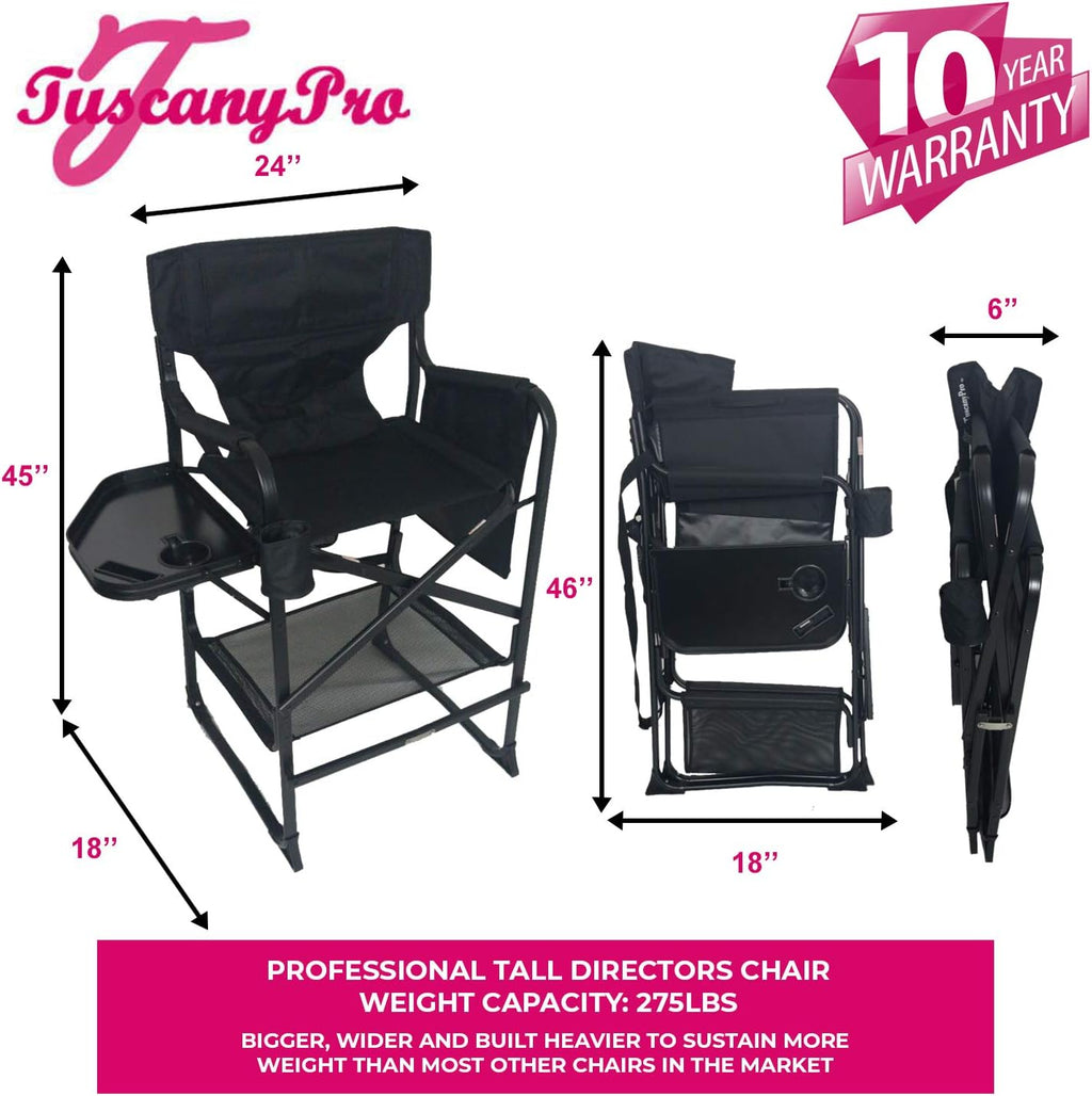 Portable Professional Tall Directors Chair with Side Tray - Custom Name/Logo Imprinted - 29 Inch Seat Height - for Salons, Makeup Artist, Hairstylist - Foldable Design