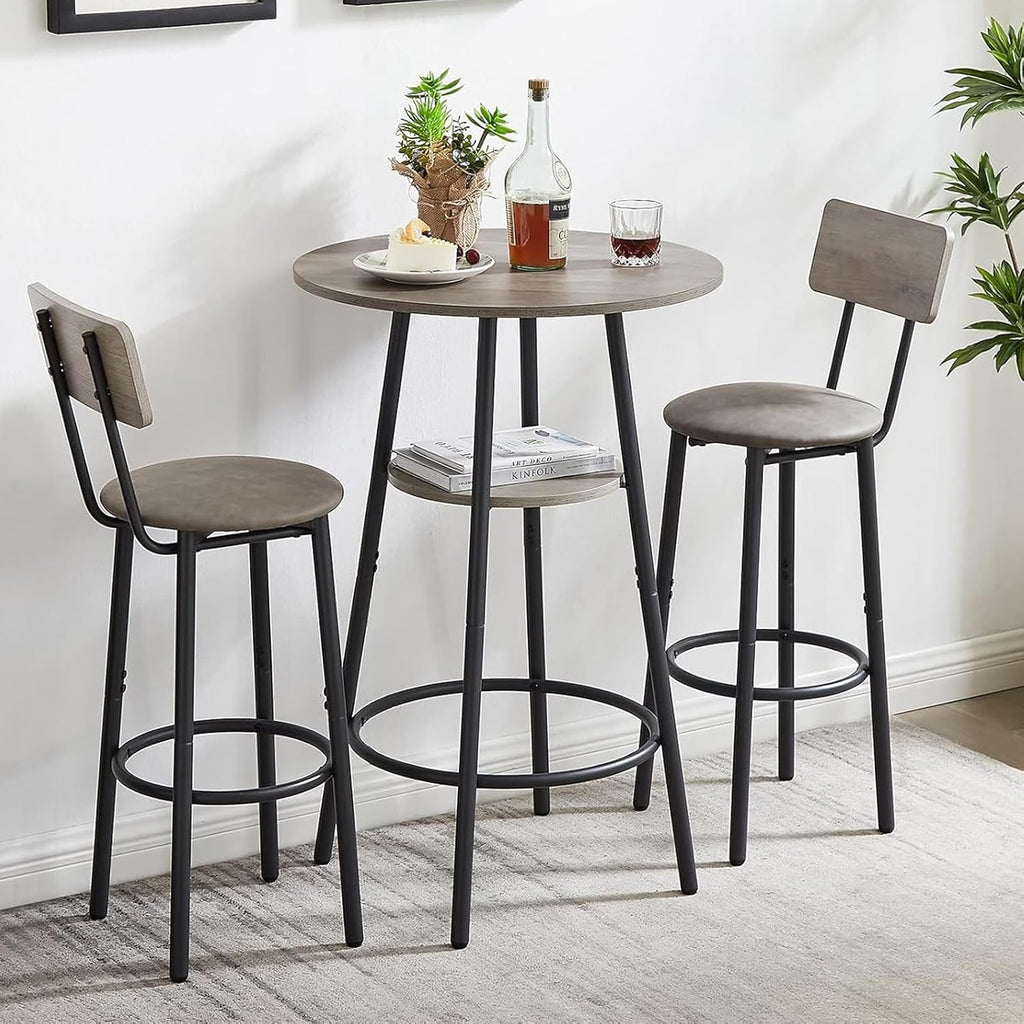 3-Piece Dining Table Set for 2, Small Round Kitchen Table with 2 Chairs, Counter Height Bar Table with Storage, Pub Table and PU Upholstery Stools for Small Space, Apartment, Bistro-Grey