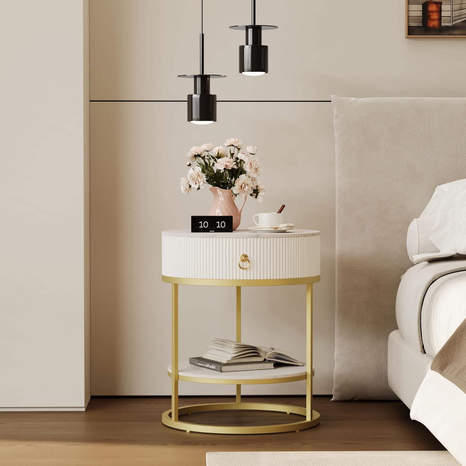 COSIEST Round Side Table with Drawer, Modern Tall Nightstand with Faux Marble Tabletop, 2-Tier Small Round End Table, Wood Bedside Table for Living Room, Bedroom, Dorm, Small Spaces, White and Gold