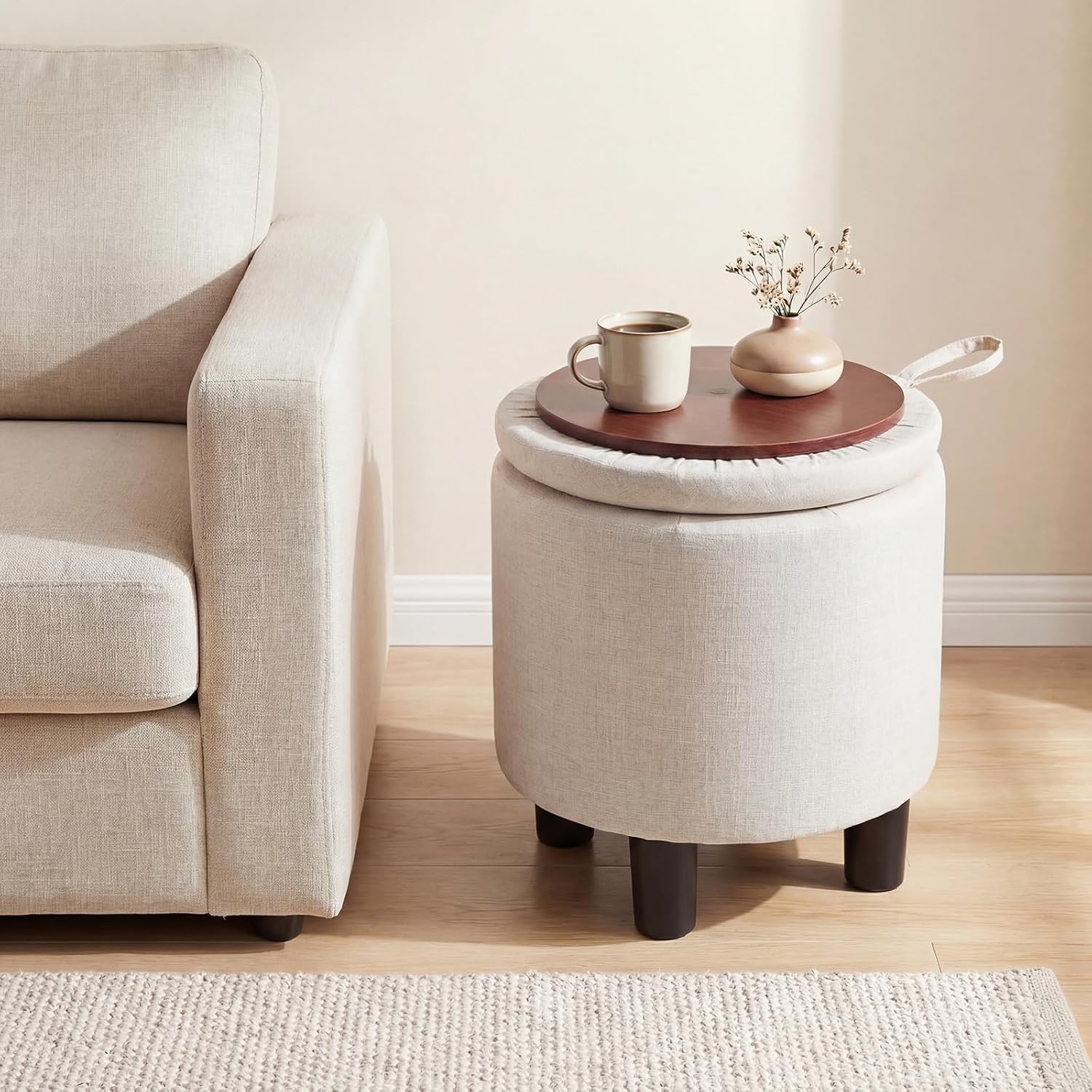 Giantex Round Storage Ottoman, Linen Fabric Upholstered Ottoman Foot Rest with Removable Lid, Small Ottoman Foot Stool for Bedroom Living Room (Beige)