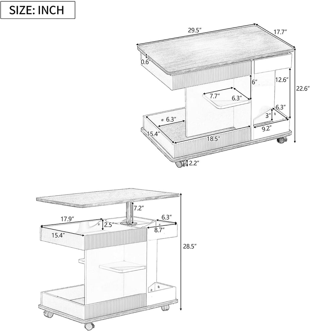 29.5" Adjustable End Table with Wheels, Modern Multifunctional Sofa Side Table with Lift-Top, 360°Rotating Top and Storage Space for Living Room, Small Space, Brown+White