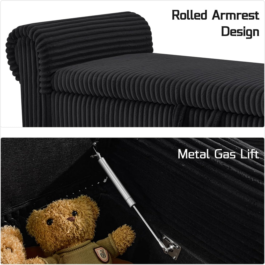 Storage Bedroom Bench for End of Bed, Storage Ottoman with Rolled Arms for Bedroom, Living Room, Entryway (Black)