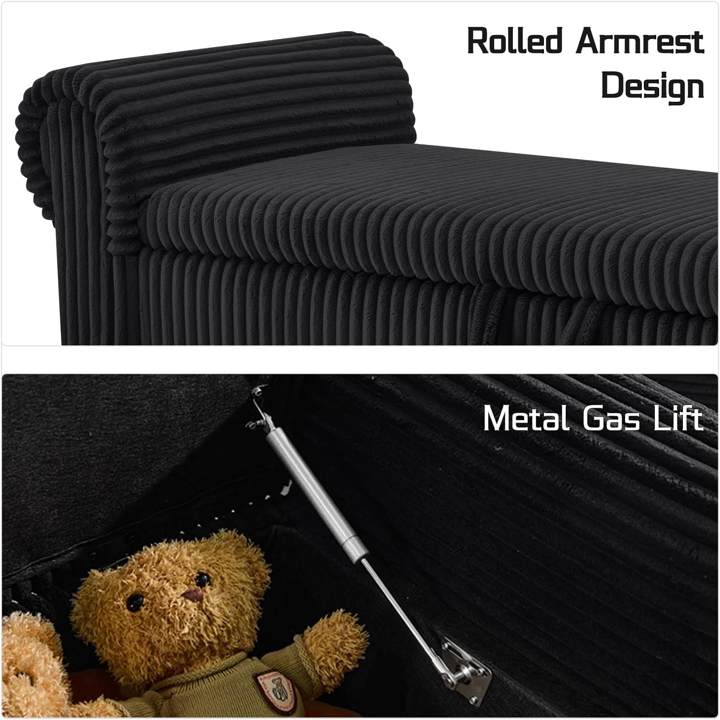 Storage Bedroom Bench for End of Bed, Storage Ottoman with Rolled Arms for Bedroom, Living Room, Entryway (Black)