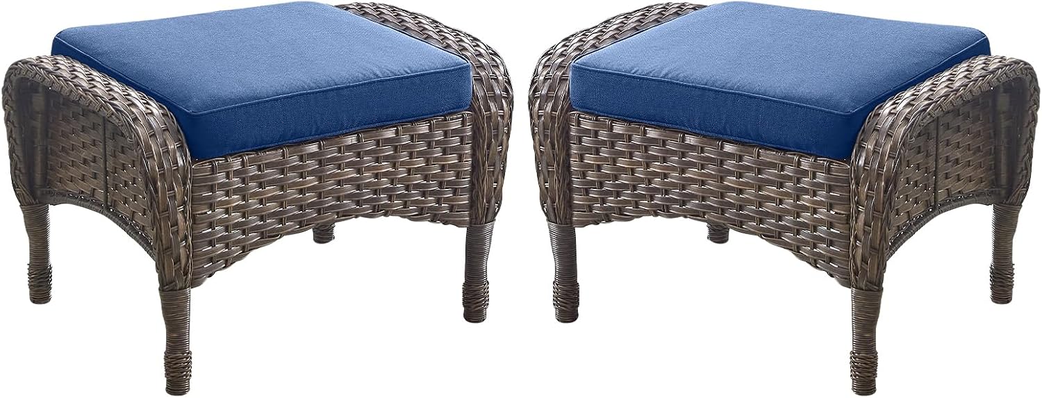 Outdoor Ottomans Patio Footrest Set of 2 - High Back Comfortable Brown Wicker Rattan Steel Frame Footstool Additional Bench Side Table for Porch Balcony Deck Garden Poolside - Navy Blue