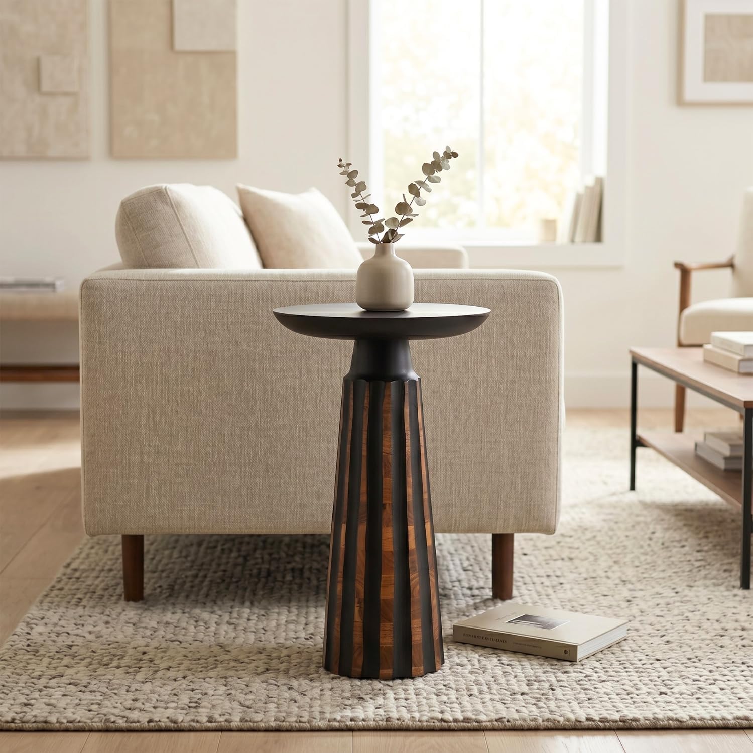 Modern Black & Walnut Wood Accent Table – Handcrafted Drum Pedestal Side Table for Living Room, Bedroom, or Office – Sleek Round Top with Textured Carved Base Black