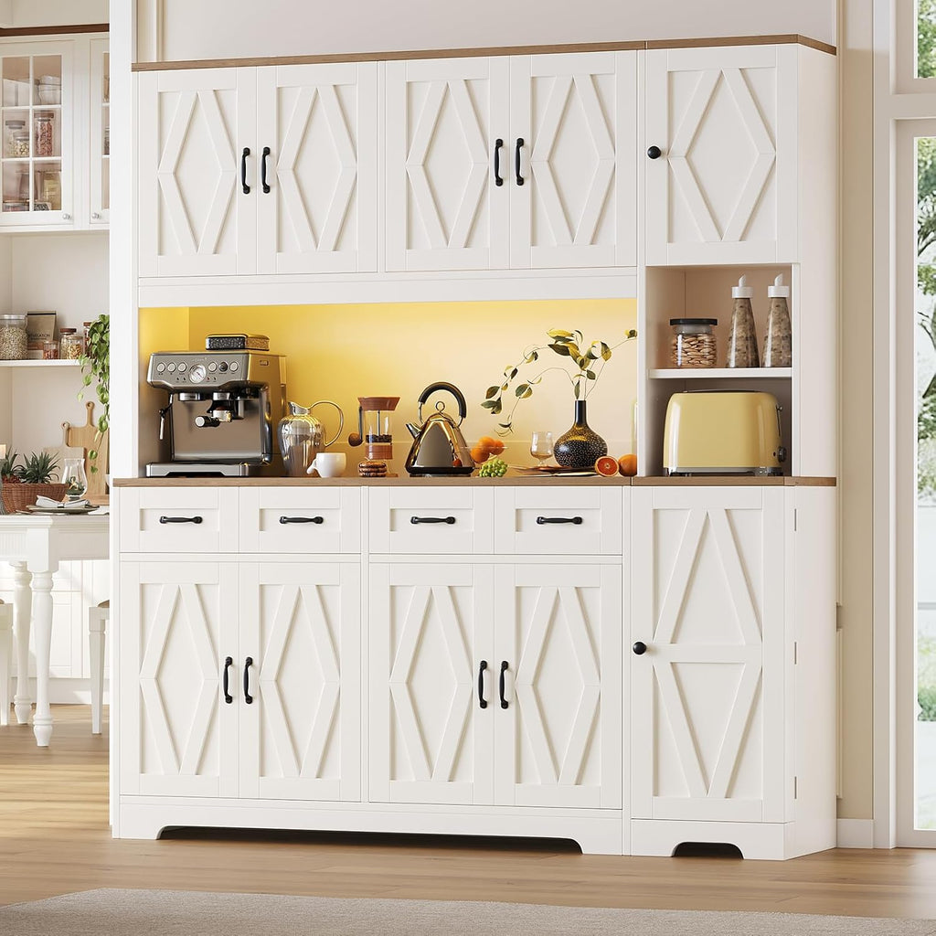 Kitchen Pantry Cabinet, 71" Farmhouse Coffee Bar Storage Cabinet with 6 Doors & 4 Drawers, Kitchen Storage Cabinet with Adjustable Shelves, Waterproof Pantry Cabinet for Dining Room, White