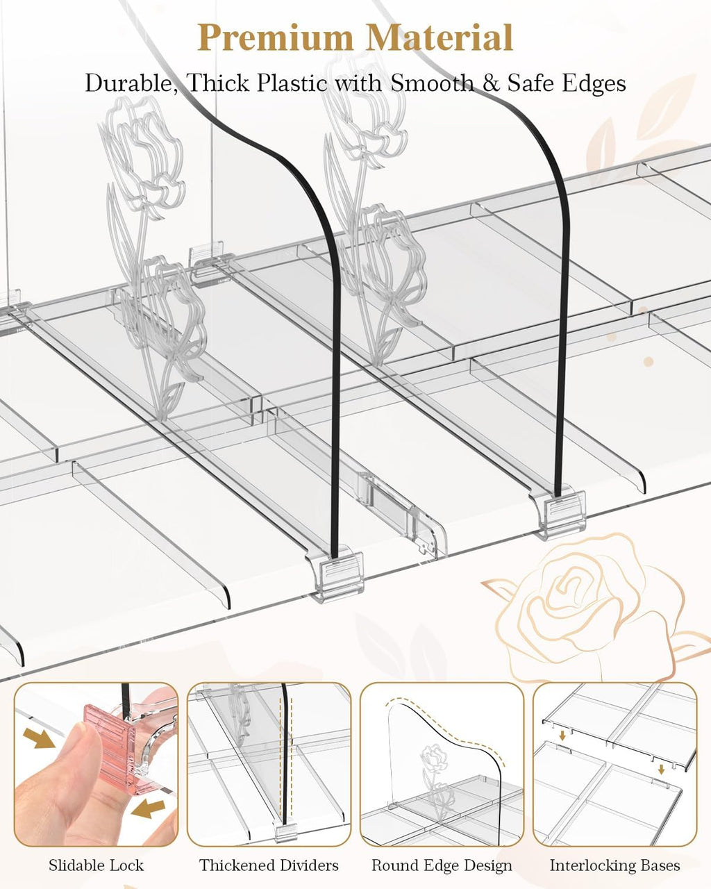 SURETIVIAN Rose Purse Dividers for Closet, 2 Pack Clear Clutch Purse Closet Organizers, Adjustable Handbag Storage Organizers, Plastic Bookshelf Separator Dividers for Bedroom Office