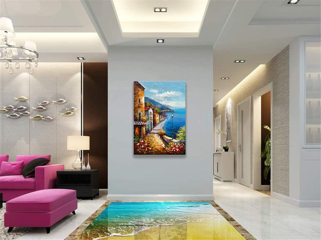 Alenoss Hand Painted Acrylic Large Abstract Modern Oil Paintings on Canvas 28x40 Inches Vertical Wall Art Mediterranean Sea Cityscape Blue Artwork Wall Decor Home Decorations