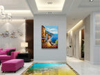 Alenoss Hand Painted Acrylic Large Abstract Modern Oil Paintings on Canvas 28x40 Inches Vertical Wall Art Mediterranean Sea Cityscape Blue Artwork Wall Decor Home Decorations