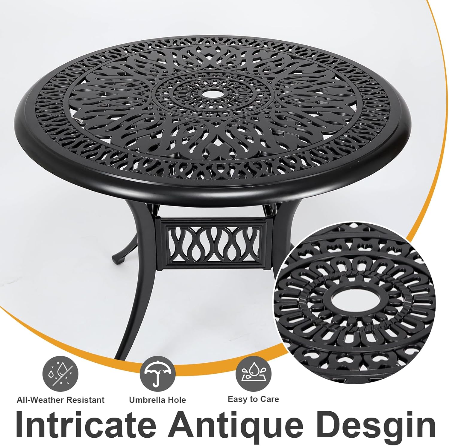 35" Outdoor Dining Table, Cast Aluminum Patio Bistro Table with 2.44" Umbrella Hole, Patio Furniture for Backyard Garden, Black