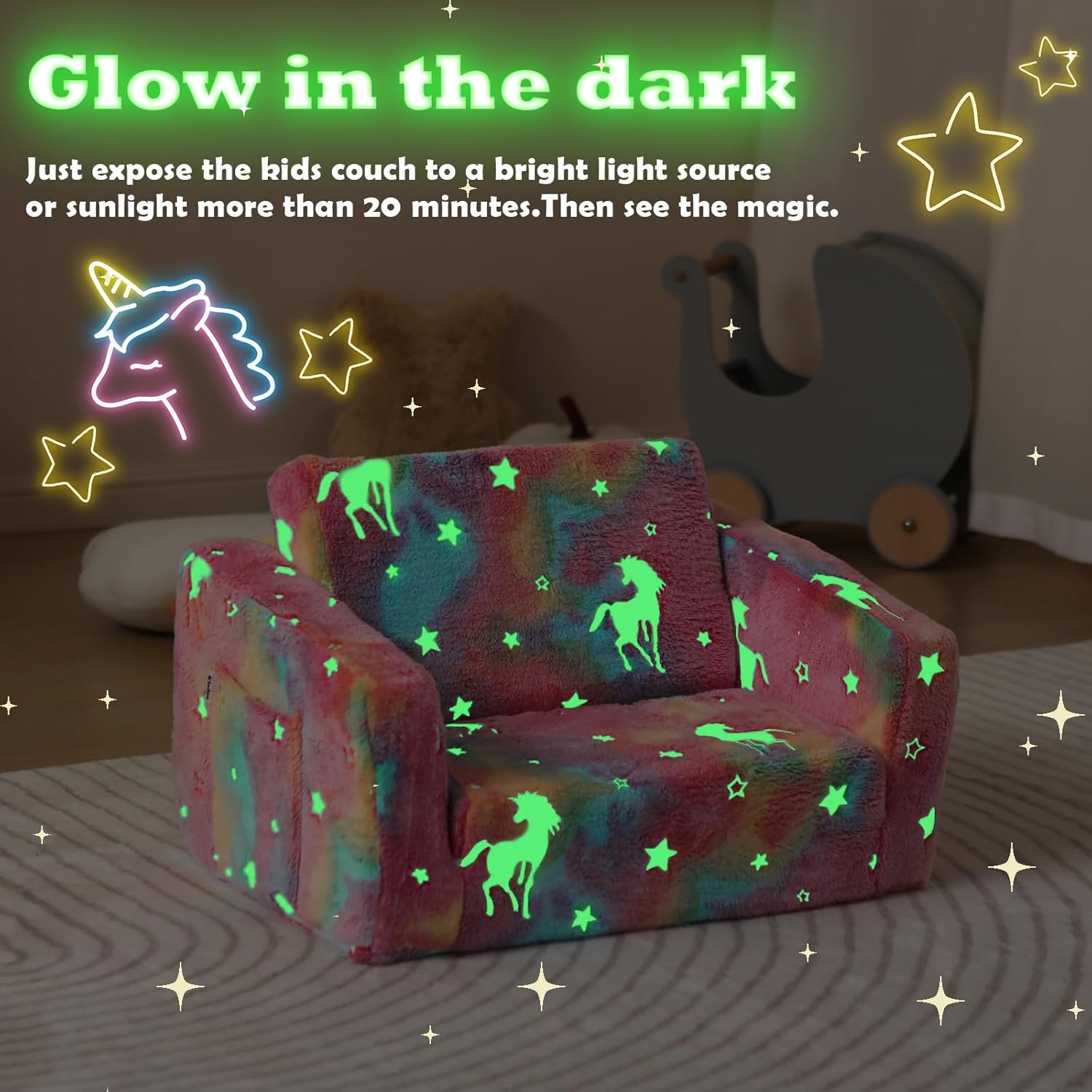 Toddler Couch Fold Out, Foldable Toddler Chair with Blanket, Flip Out Kids Couch,Glow in The Dark Convertible Sofa Gift for Girls & Boys (Glow Pink)
