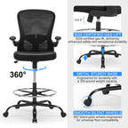 Ergonomic Drafting Chair, Standing Desk Chair with Lumbar Support Tall Office Chair with Flip-Up Arms Footrest Ring, Breathable Mesh High Desk Chair with PU Leather Seat Cushion, Black