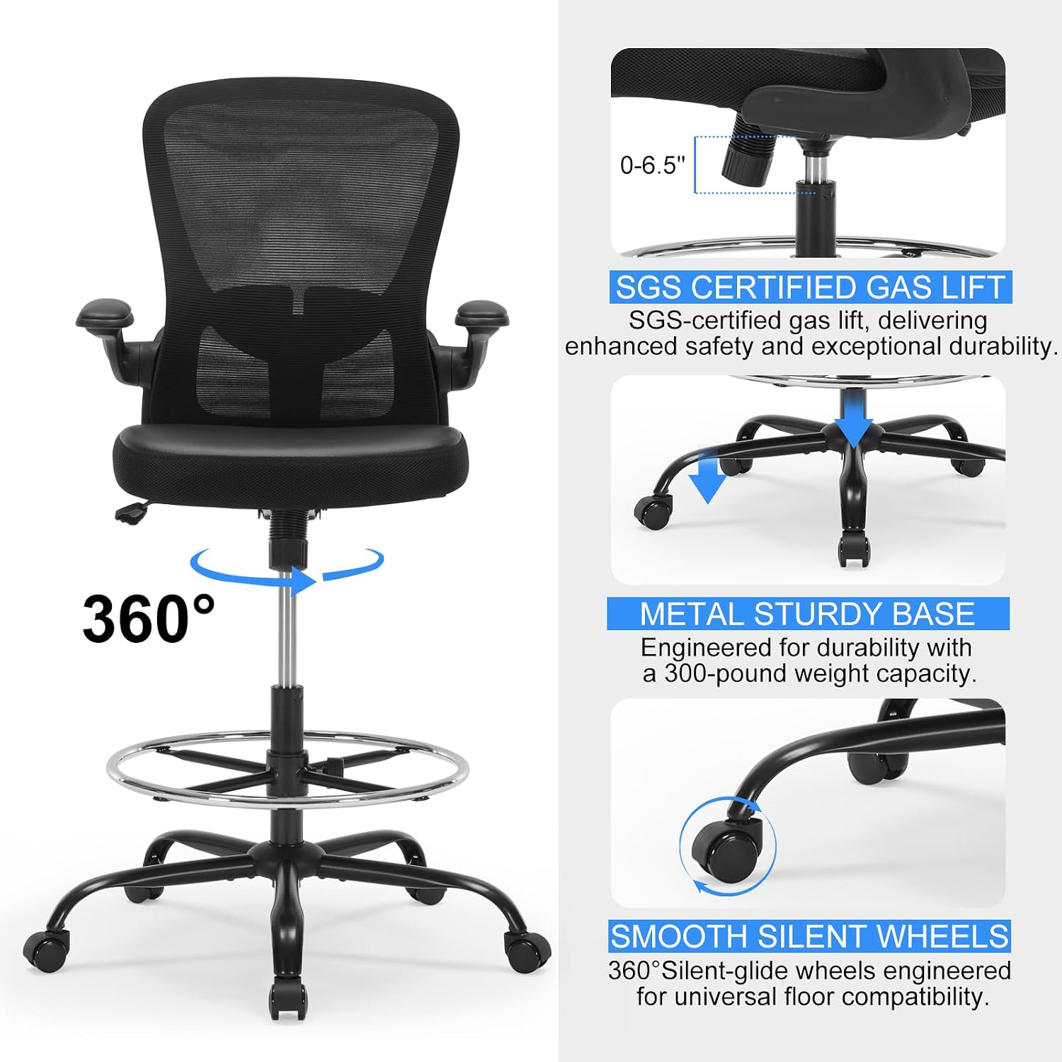 Ergonomic Drafting Chair, Standing Desk Chair with Lumbar Support Tall Office Chair with Flip-Up Arms Footrest Ring, Breathable Mesh High Desk Chair with PU Leather Seat Cushion, Black