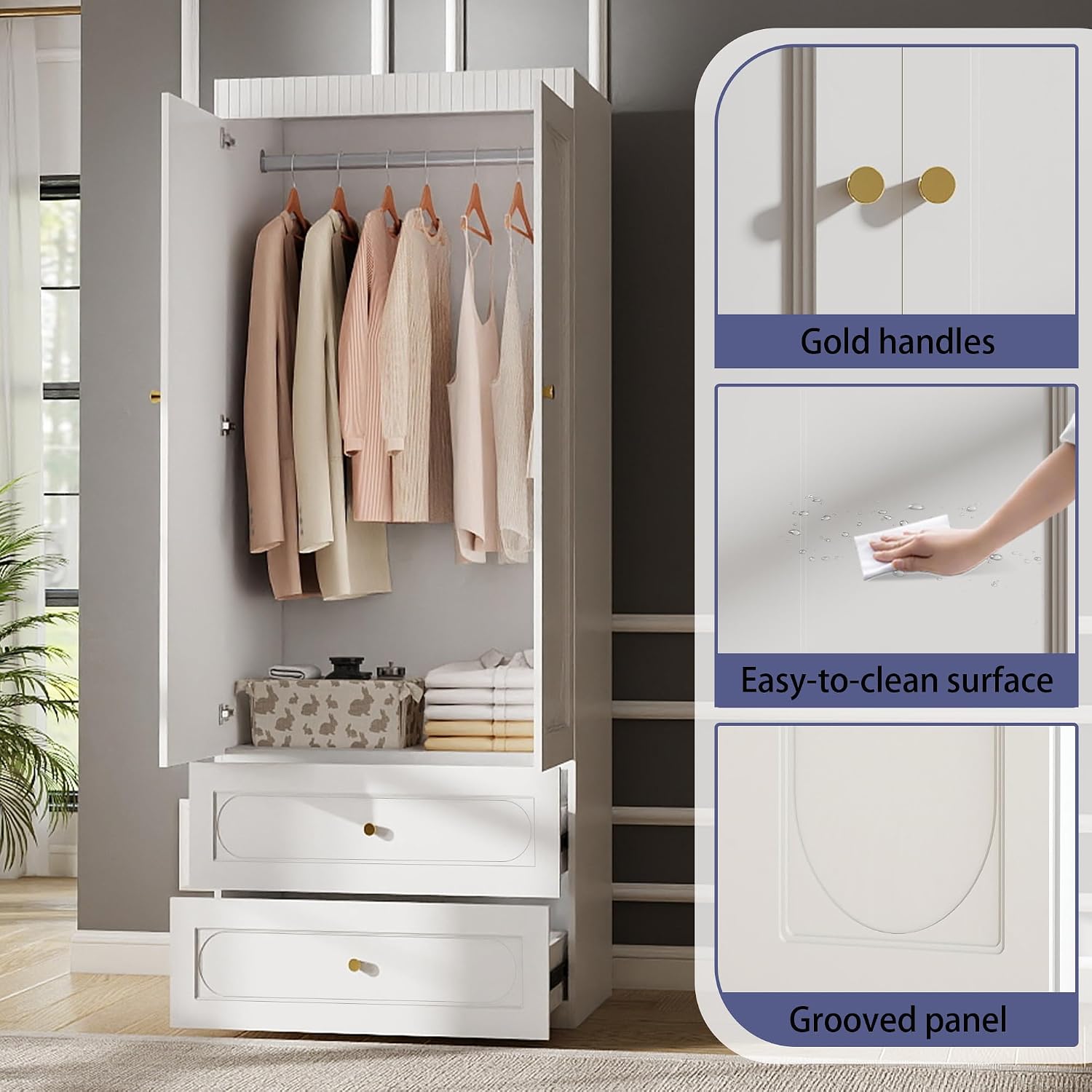 Bedroom Armoire Wardrobe Closet, 75" Tall Wardrobes Closet with 2 Drawers and 2 Doors, Wooden Clothes Cabinets for Bedroom Armoires with Hanging Rod (4-Drawers, 63")