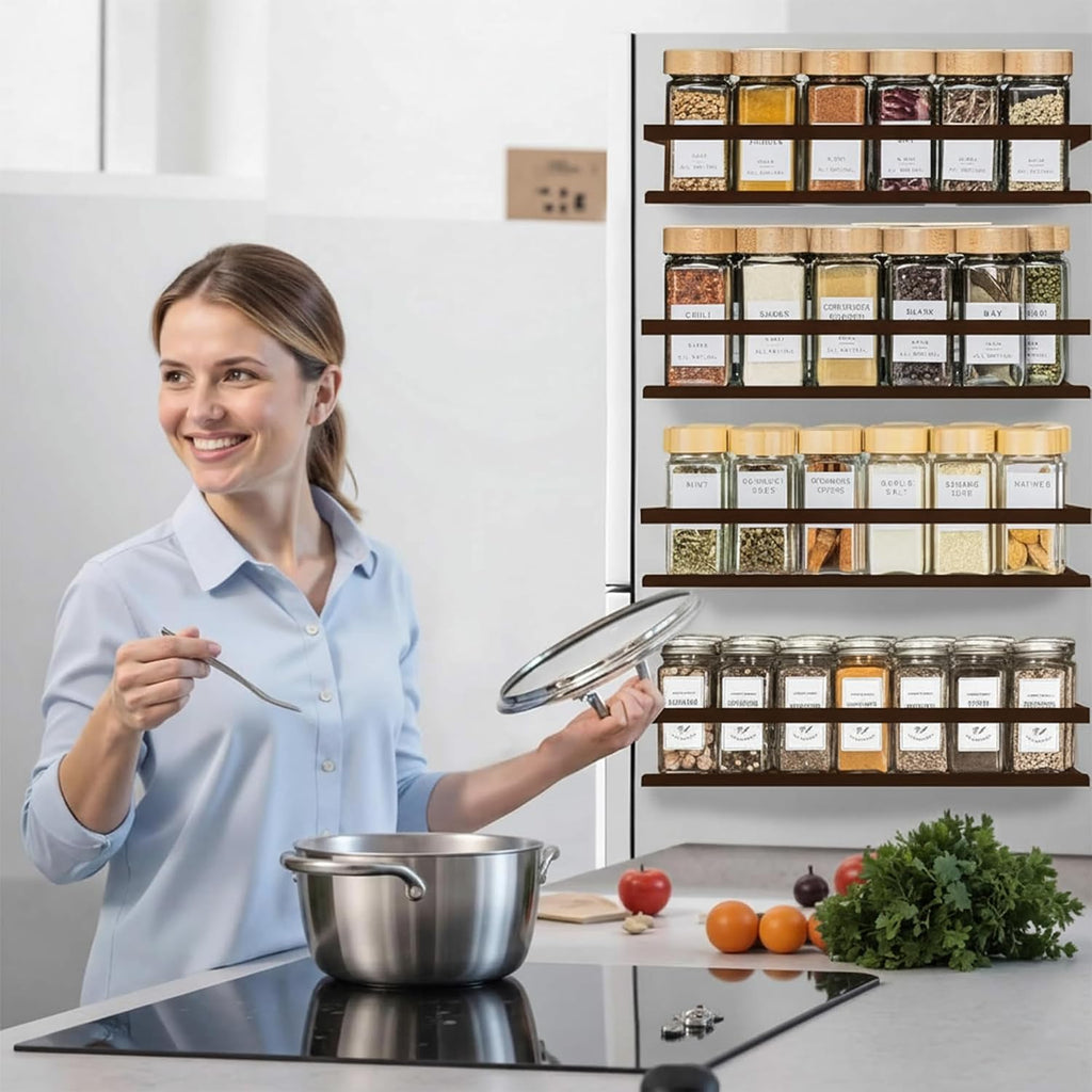 SMRCAD Magnetic Spice Rack for Refrigerator, 4pack Magnetic Shelf for Fridge Space Saving Seasoning Organizer for Any Metal Surface No Drilling Needed (Bronze -cut out, 4pack)