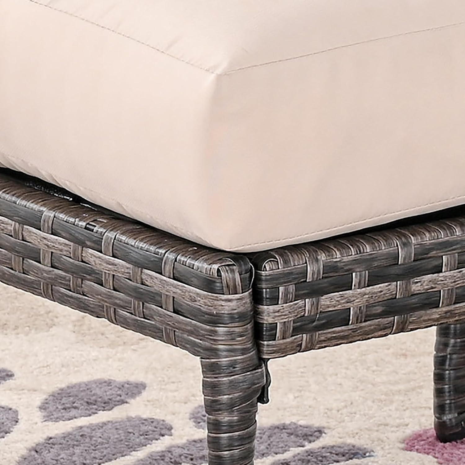 Outdoor Cushioned Ottoman Metal Patio Furniture Ottoman with Beige Cushion Steel Frame