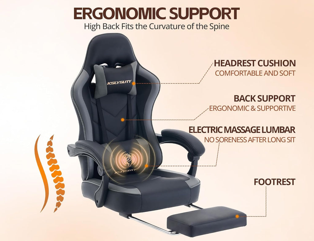 Gaming Chair with Footrest, Ergonomic Reclining Computer Chair, Height Adjustable, Lumbar Support, Adjustable Headrest, 360° Swivel High Back Chair for Home, Gaming (Grey Leather)