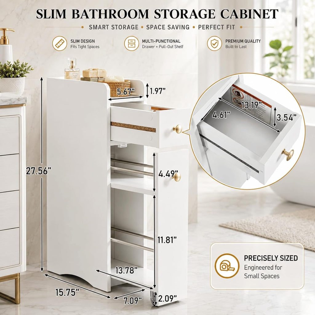VINGLI Slim Bathroom Storage Cabinet, Narrow Storage Organizer with Slide Out Drawers, Freestanding Toilet Paper Holder, Small Space Skinny Cabinet for Bathroom Kitchen Corner, White