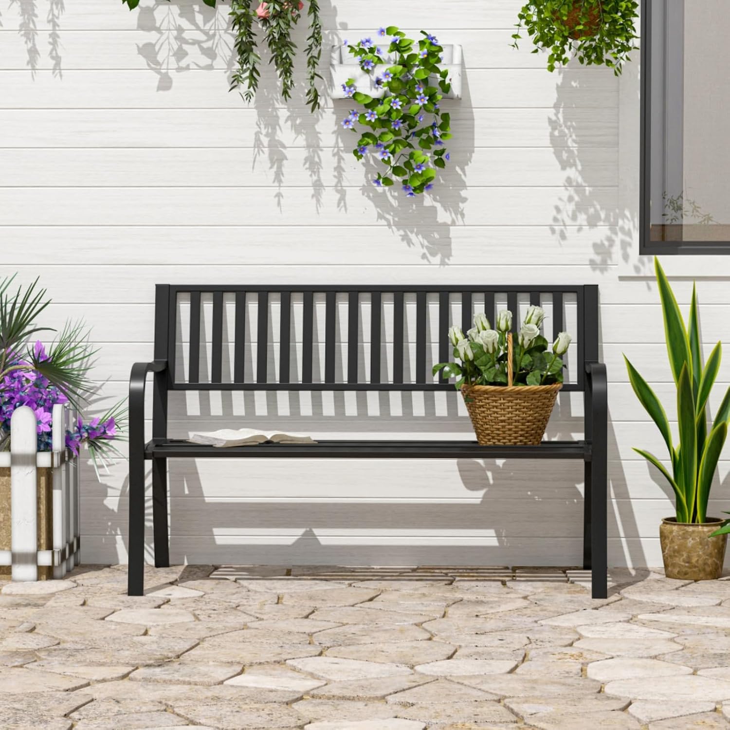 Hassyee Outdoor Metal Garden Bench with Slatted Seats and Backrests for Poolside, Garden, Lawn, Patio Porch Bench with Sturdy Frame for Balcony, Beach, Backyard