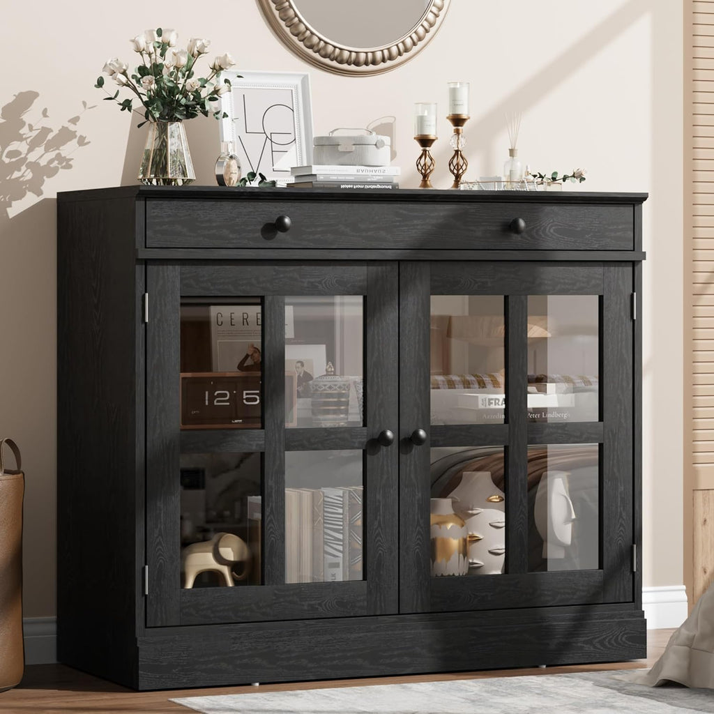 GarveeHome 35.4 in Sideboard Buffet Cabinets with Glass Door, Buffet Cabinet with Storage, Black Sideboard Cabinet with Drawer, Modern Buffets & Sideboards for Dining Room, Kitchen