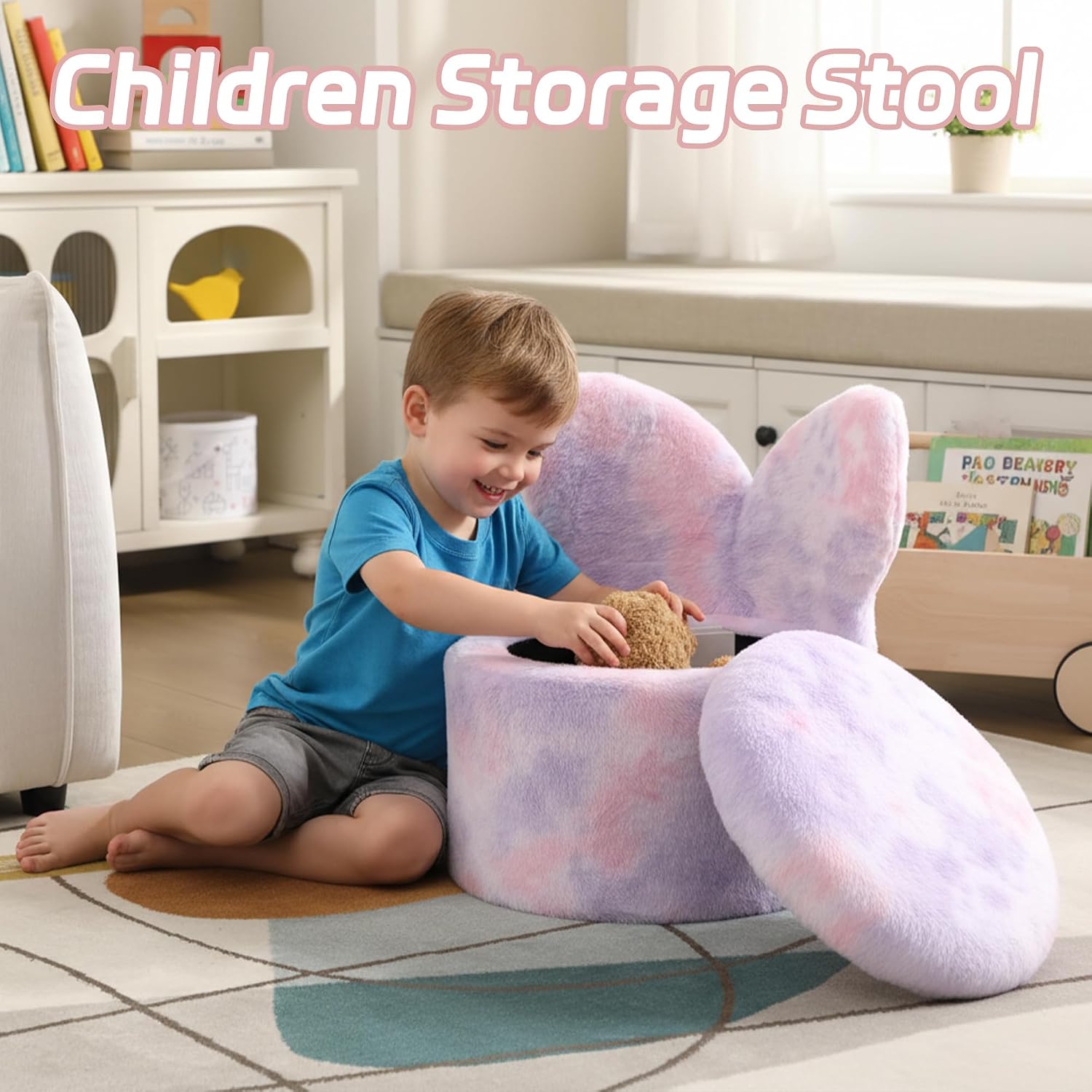 Kids Desk Chairs, Toddler Chairs Comfy Faux Fur Kids Storage Ottoman, 2 in 1 Children Stool with Storage, Butterfly Chair for Kids Girls Gifts, Storage Stool for Bedroom/Loving Room, Purple