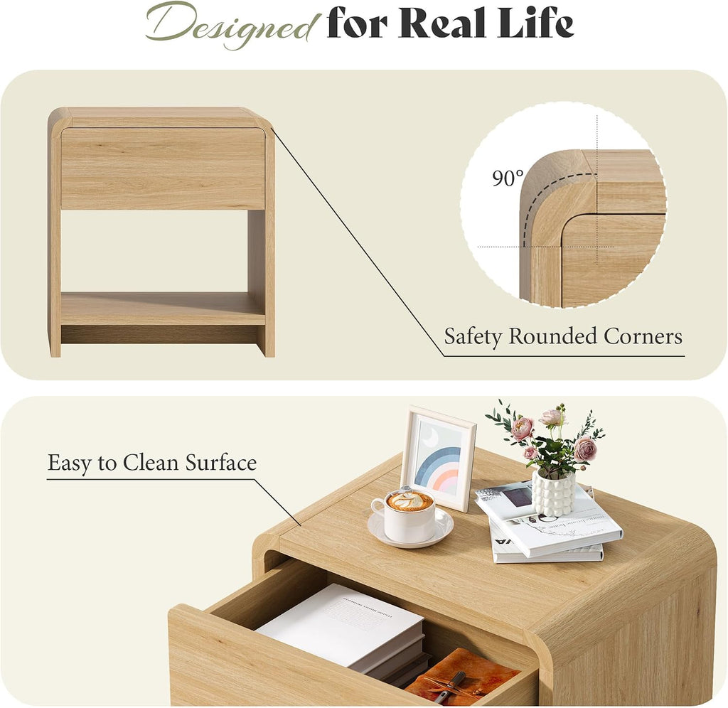 MERLIFE Modern Night Stand Set 2 with Storage Drawer & Open Shelves, Oak | Natural Wood Finish,Curved Top Corners,Smooth Metal Slides,Easy Assembly 30mins,for Bedroom Living Room Sofa Office