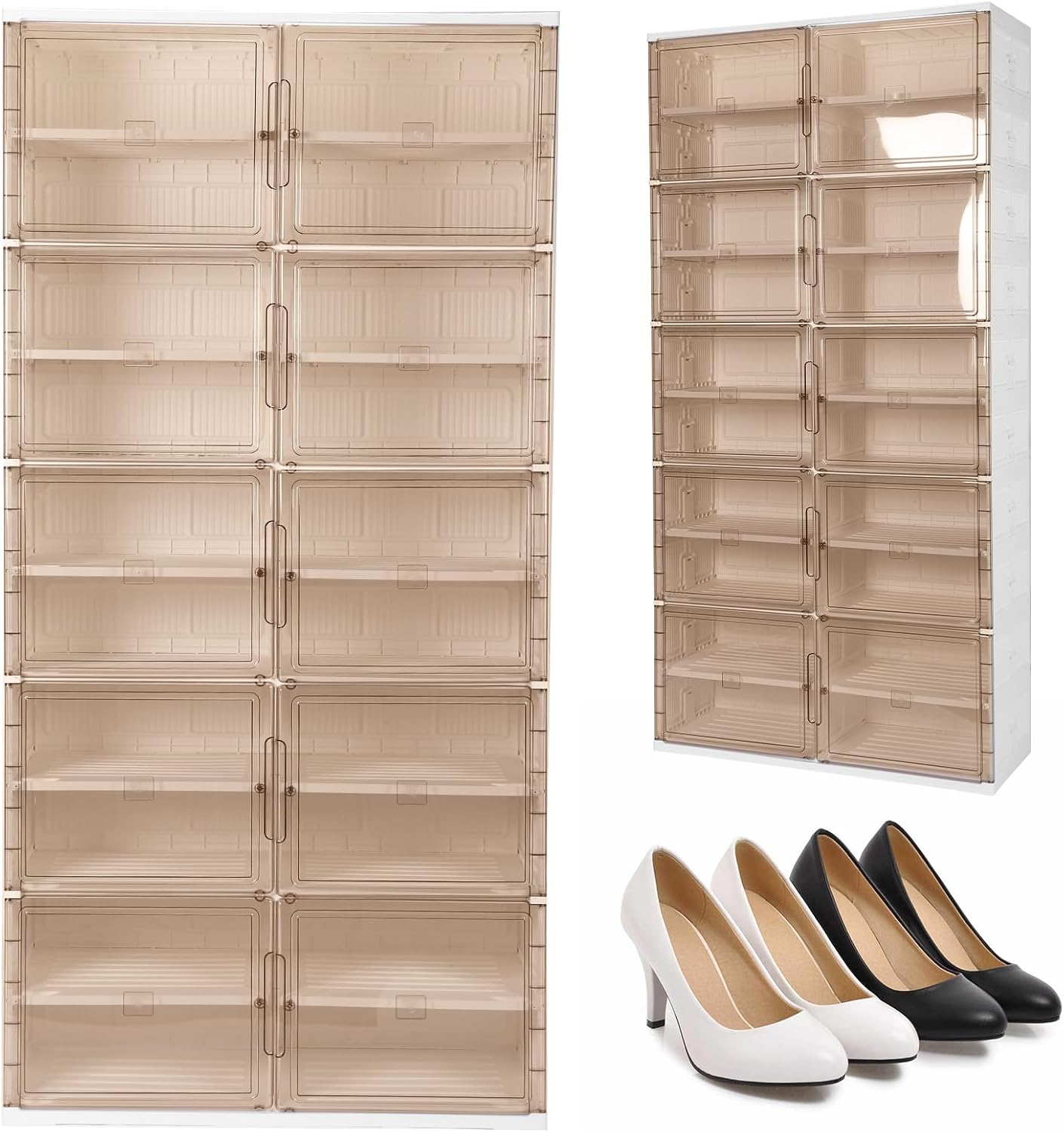 10 Tiers 40 Pairs Collapsible Shoe Rack Organizer with Doors Large Plastic Folding Shoe Cabinet for Closet Entryway Living Room