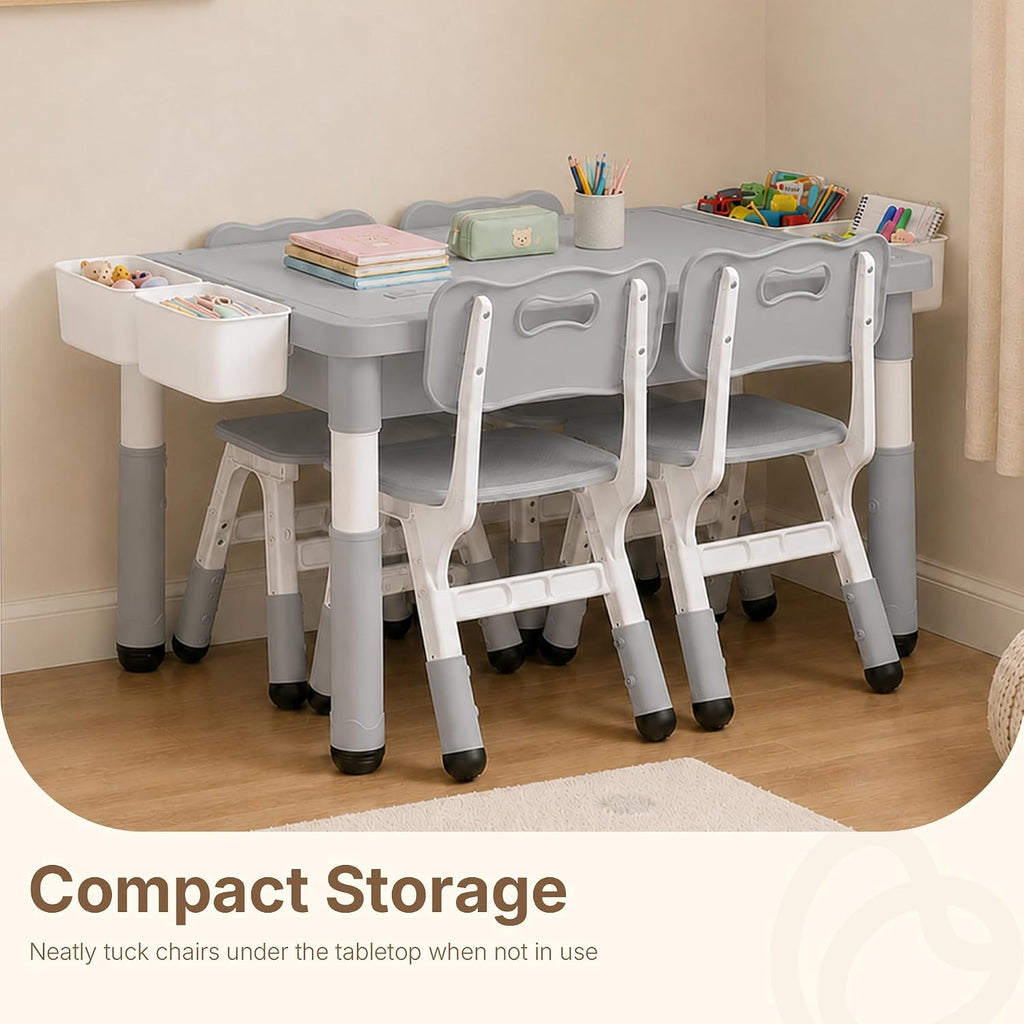 Kids Table and 4 Chairs, 4 in 1 Activity Table w/Reversible Graffiti/Block Building Tabletop, Adjustable Height, Toddler Table and Chair Set with Storage (Gray, 1 Table + 4 Chairs)