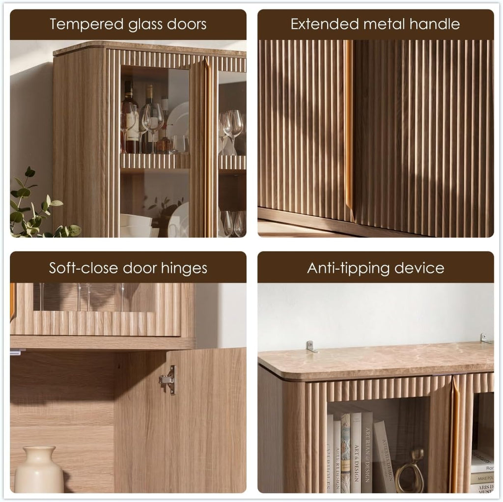 77" Tall Storage Cabinet - Fluted Pantry Cabinets with Glass Doors, Wooden Kitchen Food Cupboard, Adjustable Shelves, Modern Display Storage Closet for Living Room, Dining Room, Office, Oak 1pc