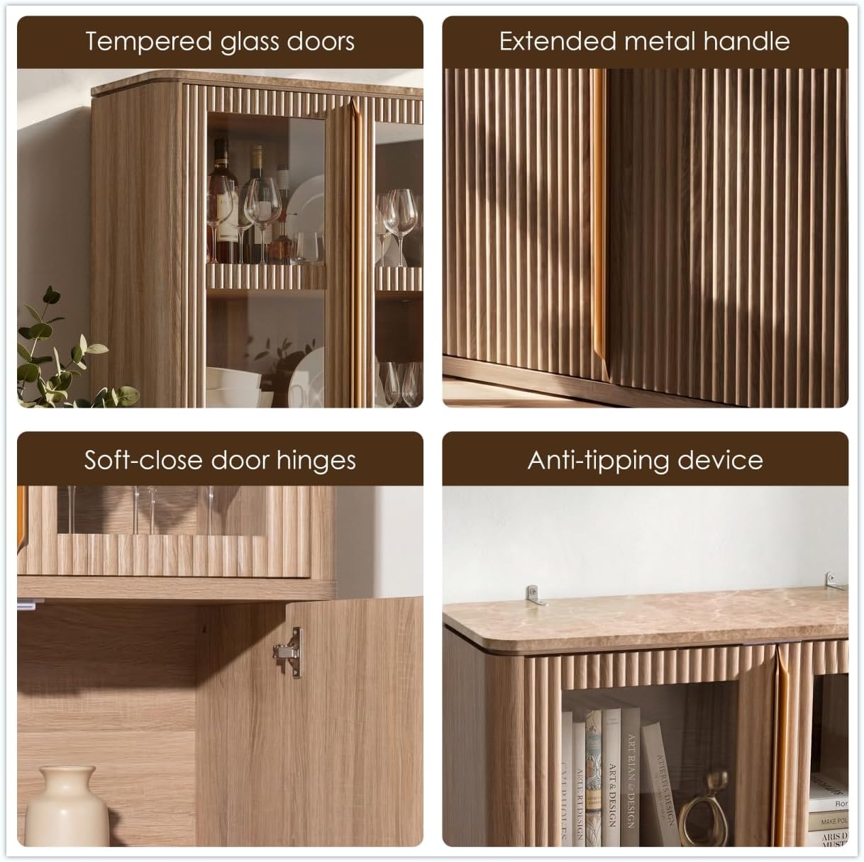 77" Tall Storage Cabinet - Fluted Pantry Cabinets with Glass Doors, Wooden Kitchen Food Cupboard, Adjustable Shelves, Modern Display Storage Closet for Living Room, Dining Room, Office, Oak 1pc
