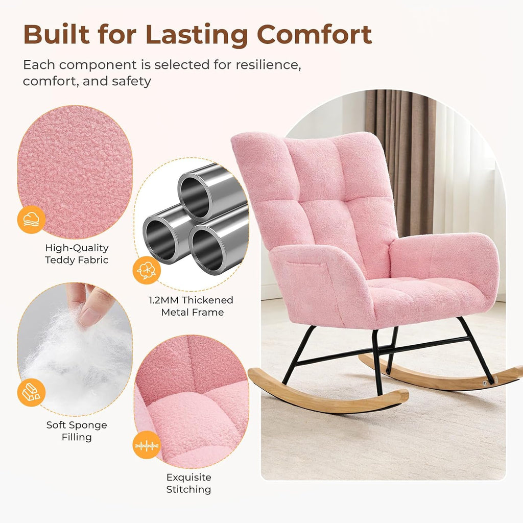 Nursery Rocking Chair, Teddy Upholstered Glider Rocker with High Backrest & Thick Cushion, Tufted Accent Armchair with Wood Legs, Comfy Reading Chair for Living Room Bedroom Office, Pink