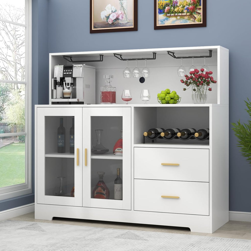 Bar Cabinet for Home with LED Light, Coffee Bar Cabinet with Wine & Glass Rack, Wine Cabinets with Storage Cabinet &Drawers, Modern Liquor Cabinets for Kitchen, Living Room, Dining Room (White)