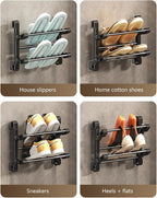 Wall Mounted Folding Shoe Rack 2 Tiers Space Saving Designs for Bathroom and Entryway Without Drilling Required