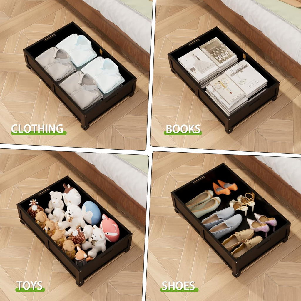 Bamboo Under Bed Storage Containers, Rolling Underbed Organizer with Wheels, Sturdy Under the Bed Shoe Storage Bins, Stackable Underbed Drawers for Bedroom Closet Clothing Toy 2 Packs (Black, Small)