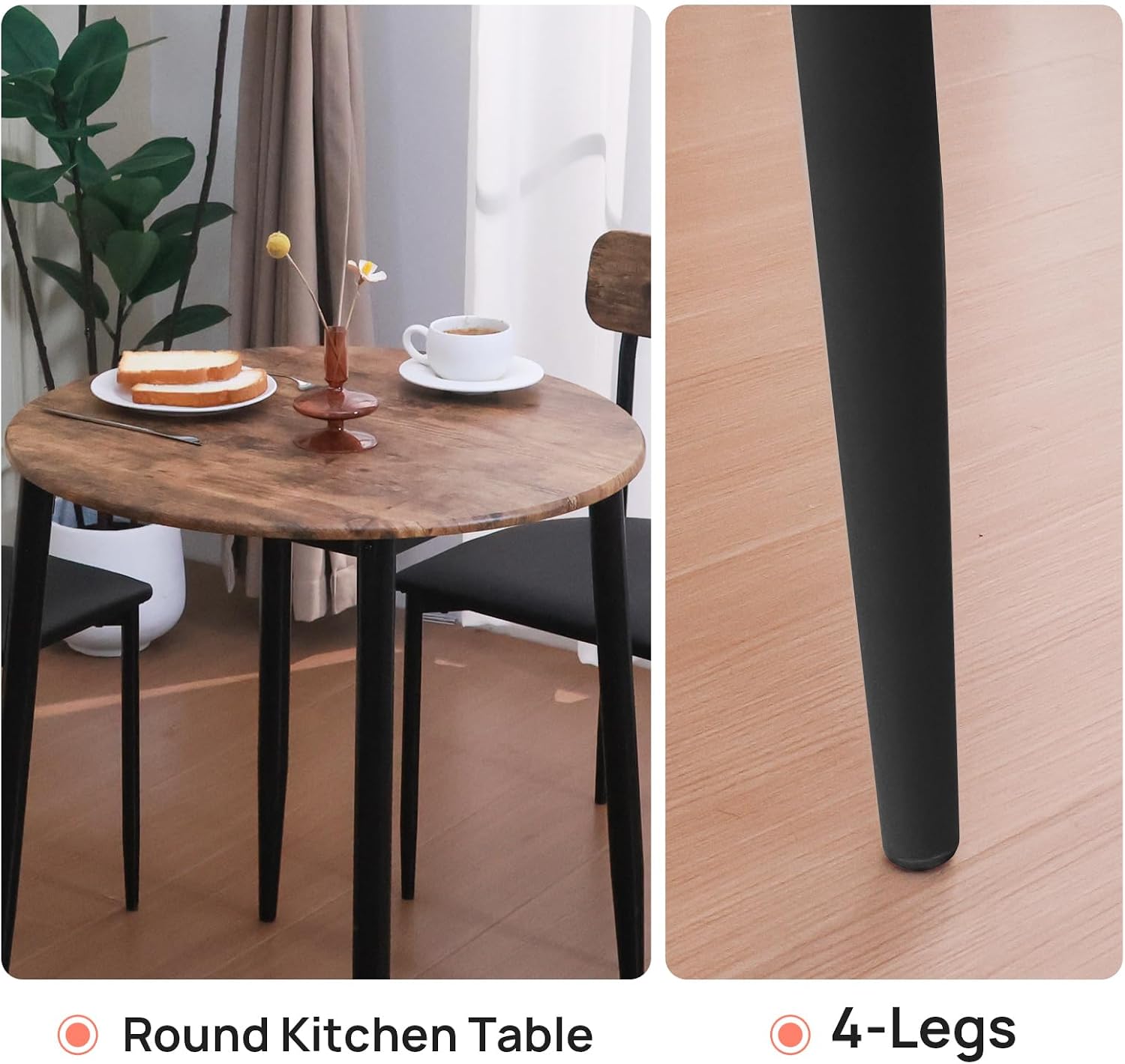 Round Dining Table Set for 2, 3-Piece Wood Tabletop Samill Kitchen Table and Chairs with Strong Metal Frame, Modern Dinette with Chairs for Small Spaces Living Room (Brown)