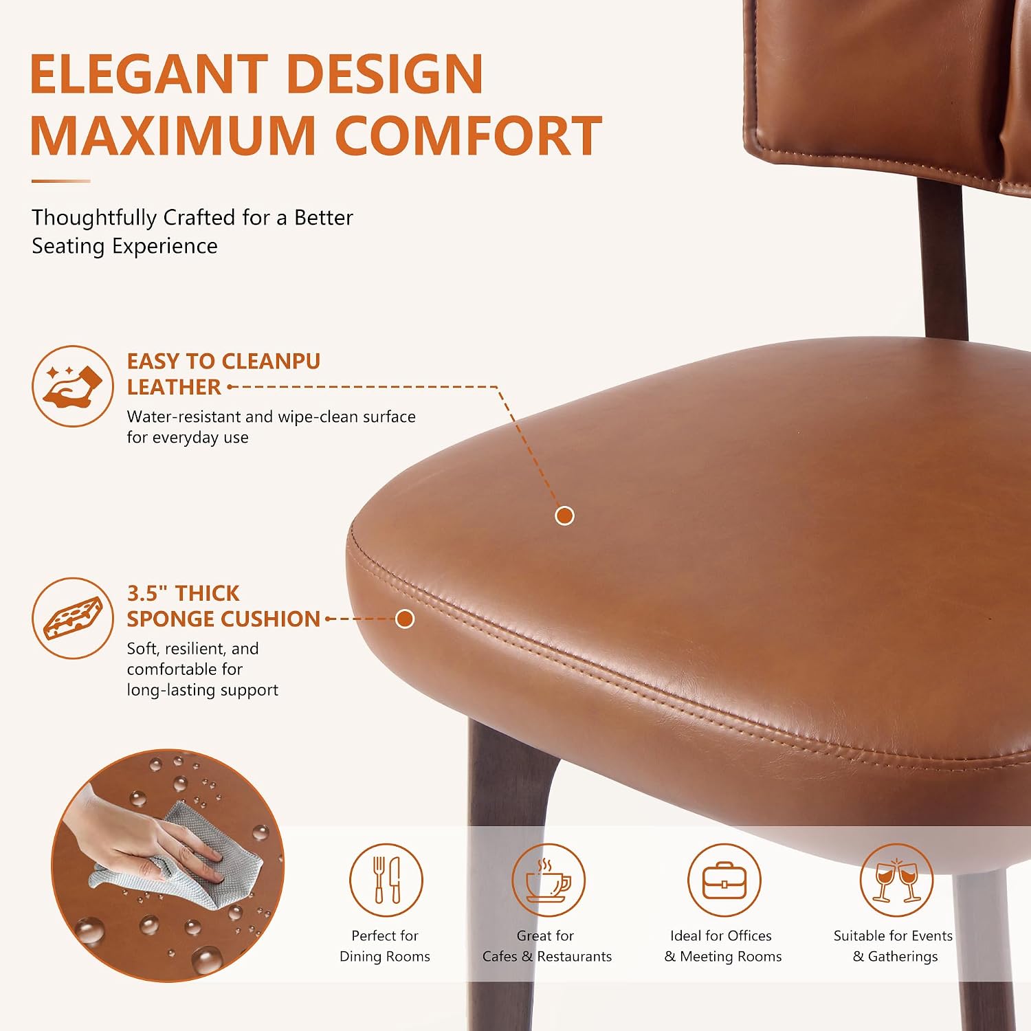 YOUNIKE Modern Dining Chairs, Upholstered Kitchen & Dining Room Chairs with Double-Layer Backrest, Wood Legs, Ergonomic Cushion Seat, (PU Leather Seat, Brown, Set of 4)