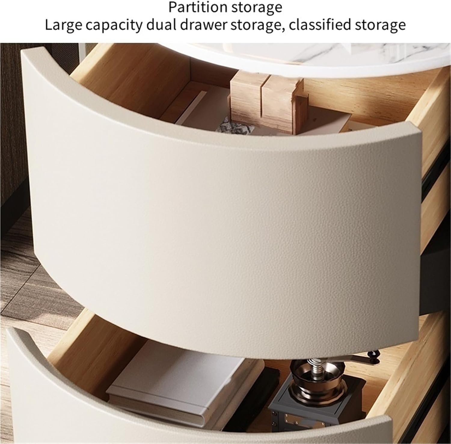 Modern Round Nightstand with 2 Drawers Wooden Bedside Table Minimalist Night Stand with Storage End Table Side Table for Interior ﻿ Living Room Multi Scenario Use(White,45x45x50cm)