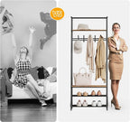 Coat Rack Shoe Bench with 5 Hooks, Entryway Hall Trees with Storage, Multifunctional Hallway Organizer, Wood Look Accent Furniture with Metal Frame, 4-in-1 Hall Trees Shoe Bench (1 Row-5 Hooks)