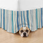 Vintage Blue Teal Striped Bed Skirt Queen Size 16 Inch Drop, Wrap Around Bed Skirts, Farmhouse Stripes Retro Art Elastic Bedskirt Pleated Bed Frame Cover Luxurious Dust Ruffle for Queen Bed