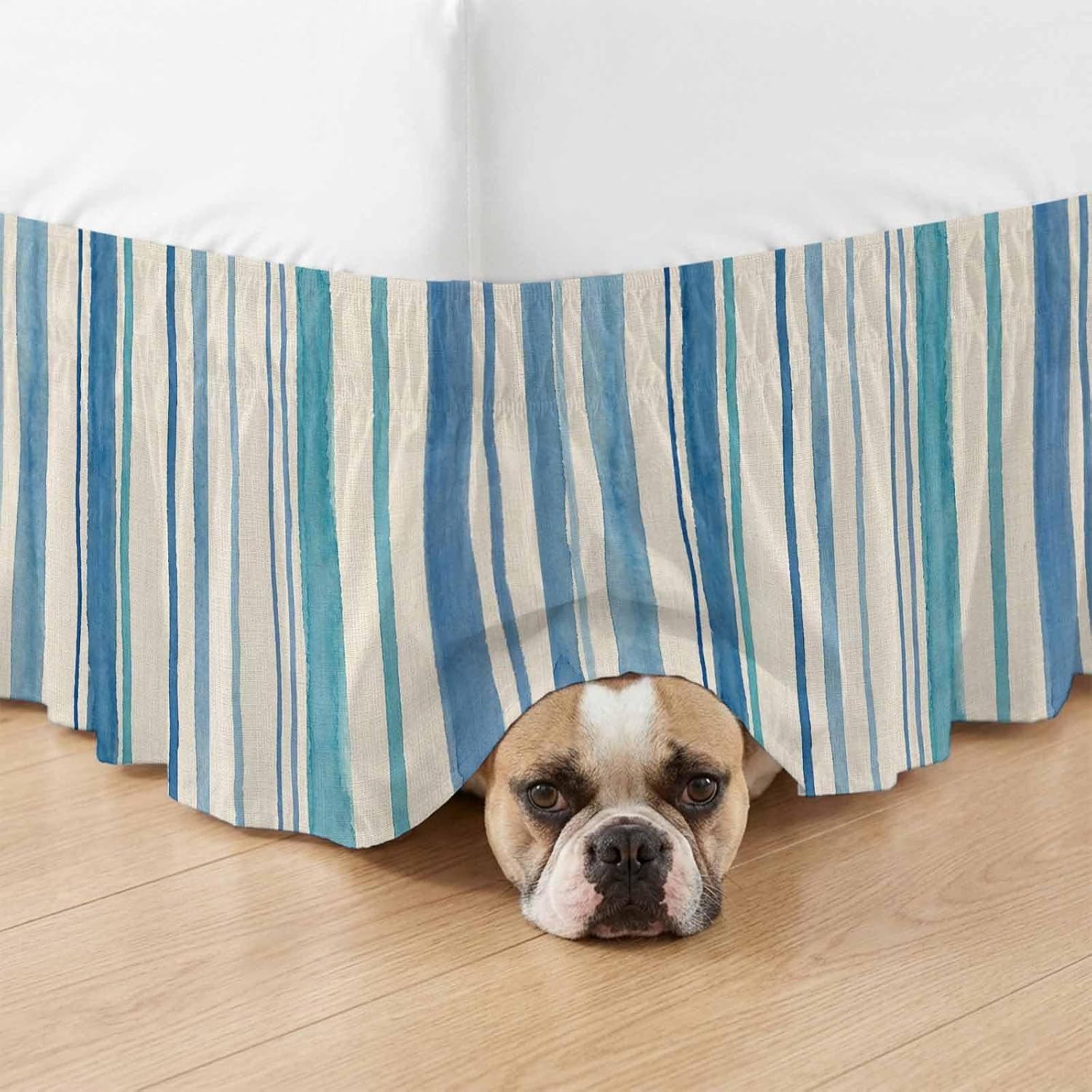 Vintage Blue Teal Striped Bed Skirt Queen Size 16 Inch Drop, Wrap Around Bed Skirts, Farmhouse Stripes Retro Art Elastic Bedskirt Pleated Bed Frame Cover Luxurious Dust Ruffle for Queen Bed