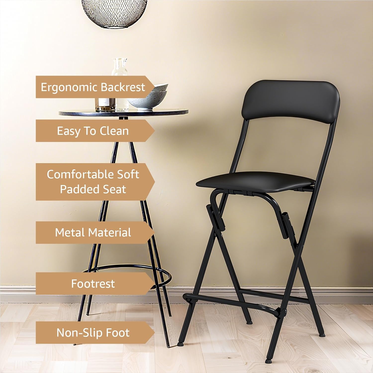 Folding Bar Stool with Back, 300lb Capacity, Collapsible Stool for Kitchen Bar, Height 25"- 1PC