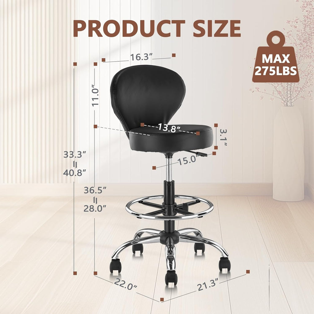 KLASIKA Black PVC Faux Leather Drafting Chair Rolling Swivel Salon Stool Seat Adjustable Height 36 Inch with Back Support Foot Rest Hydraulic Wide Seat for Tattoo Beauty Barber Lash 1Pack