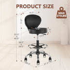 KLASIKA Black PVC Faux Leather Drafting Chair Rolling Swivel Salon Stool Seat Adjustable Height 36 Inch with Back Support Foot Rest Hydraulic Wide Seat for Tattoo Beauty Barber Lash 1Pack