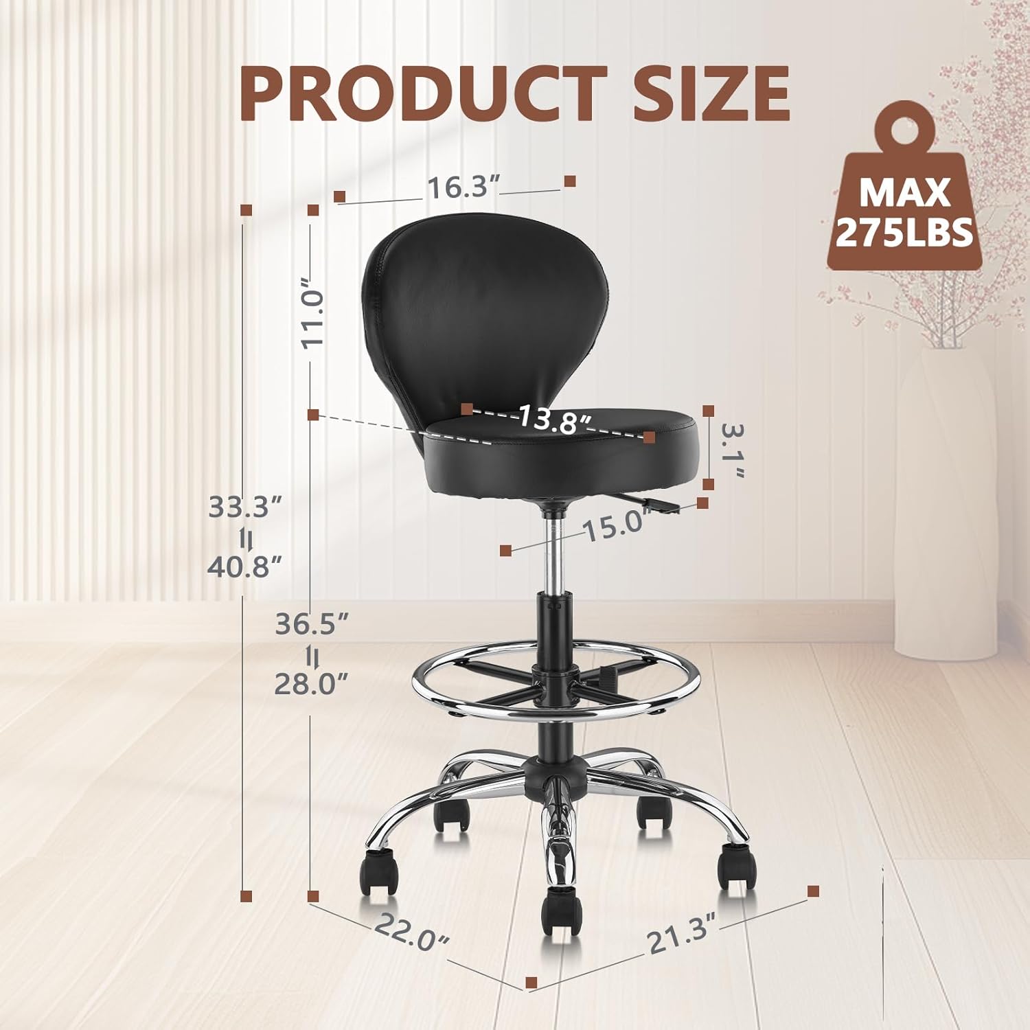 KLASIKA Black PVC Faux Leather Drafting Chair Rolling Swivel Salon Stool Seat Adjustable Height 36 Inch with Back Support Foot Rest Hydraulic Wide Seat for Tattoo Beauty Barber Lash 1Pack