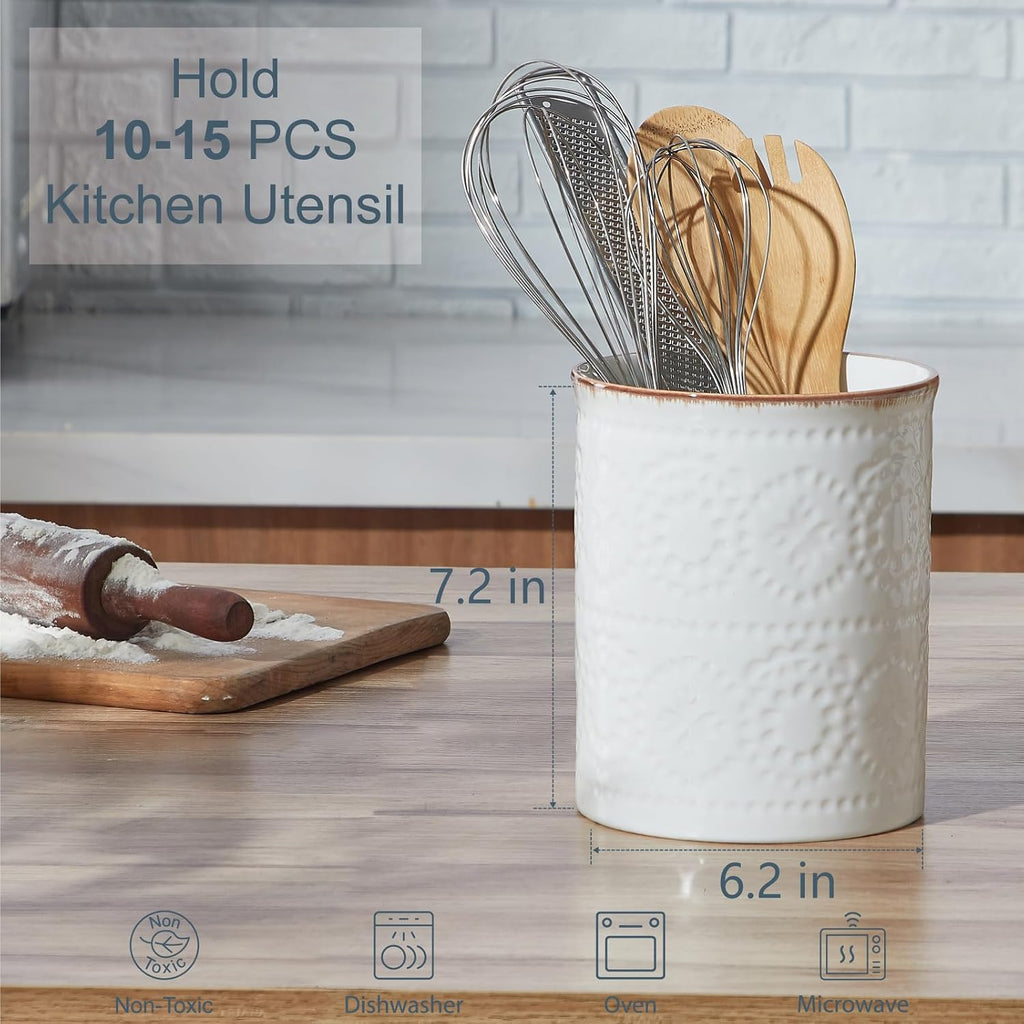 ONEMORE Large Utensil Holder, 7.2" Kitchen Utensil Crock, Ceramic Cooking Utensil Organizer for Kitchen Counter Decor, White Organizer for Spatula, Spoons & Cooking Tools