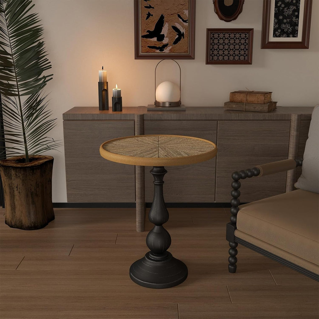 Vintage Round Pedestal End Table, 19.9" French Country Side Table with Natural Wood Top & Black Metal Base, Retro Accent Table for Living Room, Bedroom, Entryway, Small Spaces